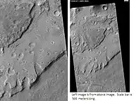 Tyras Vallis fan deposit at a different sun angle.  The scale bar is 500 meters long.  This image is just to the right of the previous image.