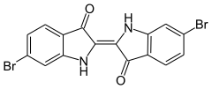 Structural formula of murex-based tyrian purple, the red-purple dye present in tekhelet indigo before explosure to sunlight. (note the two bromides: in marine environments, sodium bromide is abundant. It is far less abundant in terrestrial environments)