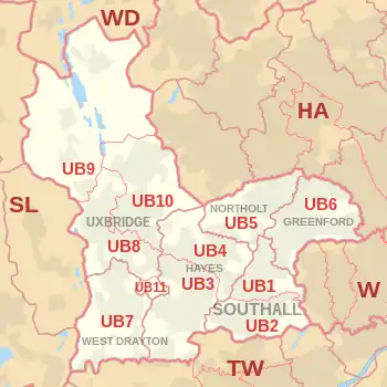 UB postcode area map, showing postcode districts, post towns and neighbouring postcode areas.