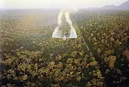 A Fairchild C-123 Provider aircraft spraying defoliant in South Vietnam in 1962.