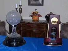 Trophies commemorating finishing first in the SA TODAY ESPN Division I Top 25 Coaches' Poll and winning the NCAA Tournament