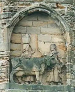 A legend claims that monks carrying the body of Saint Cuthbert were led by a milk maid who had lost her dun cow. They built Durham Cathedral where it was found.