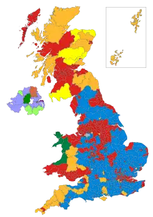 A map of Great Britain and Northern Ireland, in which each parliamentary constituency is shaded a different colour.