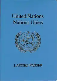 The front cover of a blue machine-readable United Nations laissez-passer