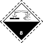 A rhombic-shaped label with letters 8 and "corrosive", indicating that drops of a liquid corrode materials and human hands.