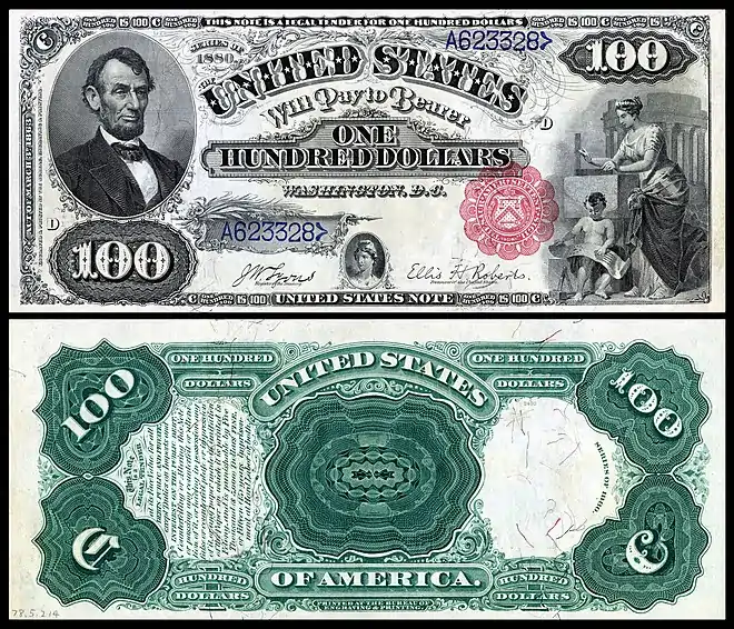 1880 $100 Legal Tender (1869 version) A new $100 United States Note was issued with a portrait of Abraham Lincoln on the left of the obverse and an allegorical figure representing architecture on the right.