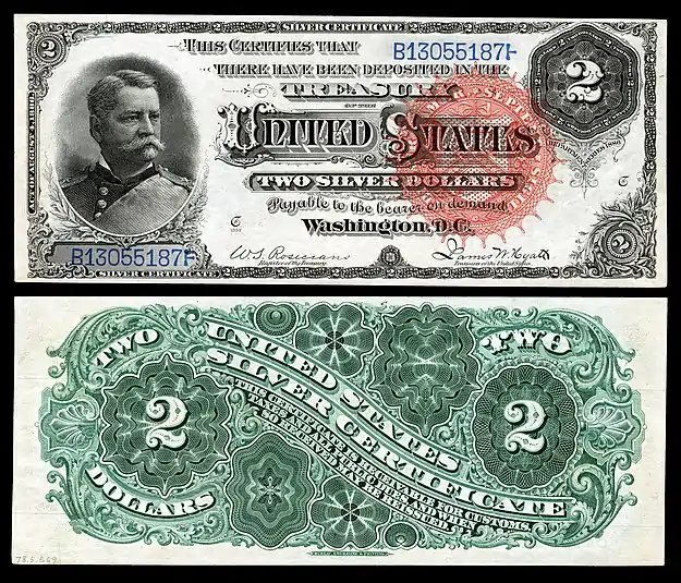 Series 1886 $2 Silver Certificate depicting Winfield Scott Hancock