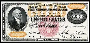 $5,000 Gold Certificate proof, Series 1870, Fr.1166k, depicting James Madison