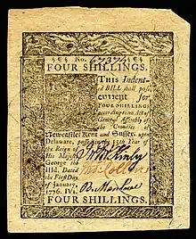 Delaware colonial currency, 4 shillings, 1776 (obverse)