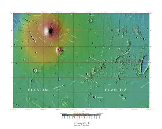 Aeolis Mensae does not quite extend into the Elysium quadrangle, but many of its neighbors do.  it is just to the south of the western portion of this map.