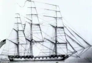 A drawing of a ship's sails. The ship has 3 masts in which all sails are set and full of wind. The bow of the ship is pointed to right of the frame.