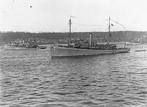 USS Lapwing (AM-1) and other ships of the squadron anchored in the Hudson River, off New York City