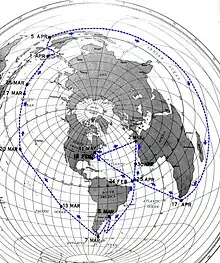 Map depicting the submerged navigational track of Triton during Operation Sandblast. The submarine began off the east coast of the United States, went around the southern tip of South America, passed north of Australia, passed around the southern tip of Africa, and arrived back on the eastern seaboard of the United States.