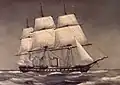 a three-masted sloop-of-war steaming with all sails set except two lower sails next to the smoking smokestack