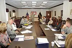 RSA commander Maj. Gen. Jim Myles speaks at a Community Family Readiness Group meeting in 2009.