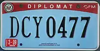 U.S. diplomatic license plate of the style issued since 2007, using same die set used on Virginia plates