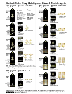 U.S. Navy Midshipman all carry the same military rank but are divided internally into 10 ranks: Midshipman 4th class, abbreviated MIDN 4/C, midshipman 3rd class, abbreviated MIDN 3/C, midshipman 2nd class, abbreviated MIDN 2/C, midshipman 1st class, abbreviated MIDN 1/C, midshipman ensign, abbreviated MIDN ENS, midshipman lieutenant junior grade, abbreviated MIDN LTJG, midshipman lieutenant, abbreviated MIDN LT, midshipman lieutenant commander, abbreviated MIDN LCDR, midshipman commander, abbreviated MIDN CDR, and midshipman captain, abbreviated MIDN CAPT. Each rank has a specific insignia on the shoulder, sleeve and collar to distinguish the rank.