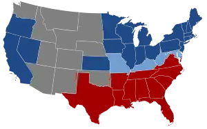 A map of the United States. The northern and western states are denoted as Union states. The southern states are denoted as Confederate states. Union states bordering the Confederacy are denoted as Union slave states.