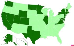 States in the United States by median nonfamily household income according to the U.S. Census Bureau American Community Survey 2013–2017 5-Year Estimates. States with median nonfamily household incomes higher than the United States as a whole are in full green.