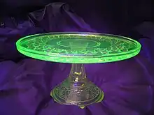 Uranium glass glowing under UV light