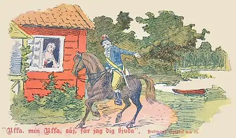 A serenade at Fiskartorpet: Coloured postcard of Epistle 71, Ulla! min Ulla!, with Fredman on his horse, and Ulla Winblad at her window, 1903