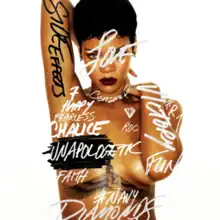 A picture of a woman with short black hair and dark lipstick, standing in front of a white back ground her nude torso is covered in graffiti-style words such as "Side Effects" in a black font on her arm, the rest of words are in a white/grey font; "Victory", "Chalice", "Diamonds", "Navy", "7", "#R7", "Diamonds", "Happy", "Censored", "Love", "Roc", "Fun", and "Fearless" as well as "Unapologetic" covering her left side nipple, she also has very thin jewelry, a pair of small earrings and two thin chains; one around her neck, the other around her nude torso, also showing her tattoo of the Egyptian goddess Isis between her cleavage..mw-parser-output cite.citation{font-style:inherit;word-wrap:break-word}.mw-parser-output .citation q{quotes:"\"""\"""'""'"}.mw-parser-output .citation:target{background-color:rgba(0,127,255,0.133)}.mw-parser-output .id-lock-free.id-lock-free a{background:url("//upload.wikimedia.org/wikipedia/commons/6/65/Lock-green.svg")right 0.1em center/9px no-repeat}body:not(.skin-timeless):not(.skin-minerva) .mw-parser-output .id-lock-free a{background-size:contain}.mw-parser-output .id-lock-limited.id-lock-limited a,.mw-parser-output .id-lock-registration.id-lock-registration a{background:url("//upload.wikimedia.org/wikipedia/commons/d/d6/Lock-gray-alt-2.svg")right 0.1em center/9px no-repeat}body:not(.skin-timeless):not(.skin-minerva) .mw-parser-output .id-lock-limited a,body:not(.skin-timeless):not(.skin-minerva) .mw-parser-output .id-lock-registration a{background-size:contain}.mw-parser-output .id-lock-subscription.id-lock-subscription a{background:url("//upload.wikimedia.org/wikipedia/commons/a/aa/Lock-red-alt-2.svg")right 0.1em center/9px no-repeat}body:not(.skin-timeless):not(.skin-minerva) .mw-parser-output .id-lock-subscription a{background-size:contain}.mw-parser-output .cs1-ws-icon a{background:url("//upload.wikimedia.org/wikipedia/commons/4/4c/Wikisource-logo.svg")right 0.1em center/12px no-repeat}body:not(.skin-timeless):not(.skin-minerva) .mw-parser-output .cs1-ws-icon a{background-size:contain}.mw-parser-output .cs1-code{color:inherit;background:inherit;border:none;padding:inherit}.mw-parser-output .cs1-hidden-error{display:none;color:#d33}.mw-parser-output .cs1-visible-error{color:#d33}.mw-parser-output .cs1-maint{display:none;color:#2C882D;margin-left:0.3em}.mw-parser-output .cs1-format{font-size:95%}.mw-parser-output .cs1-kern-left{padding-left:0.2em}.mw-parser-output .cs1-kern-right{padding-right:0.2em}.mw-parser-output .citation .mw-selflink{font-weight:inherit}html.skin-theme-clientpref-night .mw-parser-output .cs1-maint{color:#18911F}html.skin-theme-clientpref-night .mw-parser-output .cs1-visible-error,html.skin-theme-clientpref-night .mw-parser-output .cs1-hidden-error{color:#f8a397}@media(prefers-color-scheme:dark){html.skin-theme-clientpref-os .mw-parser-output .cs1-visible-error,html.skin-theme-clientpref-os .mw-parser-output .cs1-hidden-error{color:#f8a397}html.skin-theme-clientpref-os .mw-parser-output .cs1-maint{color:#18911F}}Snead, Elizabeth (9 September 2012). "Rihanna Gets Goddess Isis Tattooed on her Chest in Memory of her late Grandmother". Hollywood Reporter. Retrieved 27 September 2014.