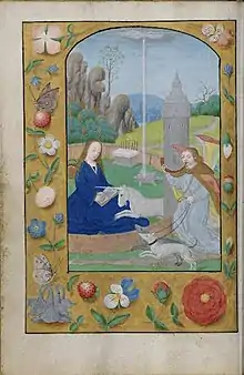 "Hunt of the Unicorn Annunciation" (c. 1500) from a Netherlandish Book of Hours collected by John Pierpont Morgan.  For the complicated iconography, see Hortus conclusus