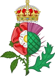 The Tudor rose dimidiated with the Scottish thistle, James used the device as a royal heraldic badge.