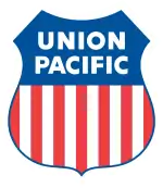 Shield of red, white, and blue with Union Pacific text