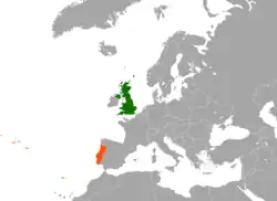 Map indicating locations of United Kingdom and Portugal