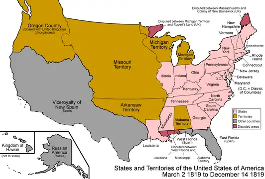 An enlargeable map of the United States after the creation of the Territory of Arkansaw on March 2, 1819.