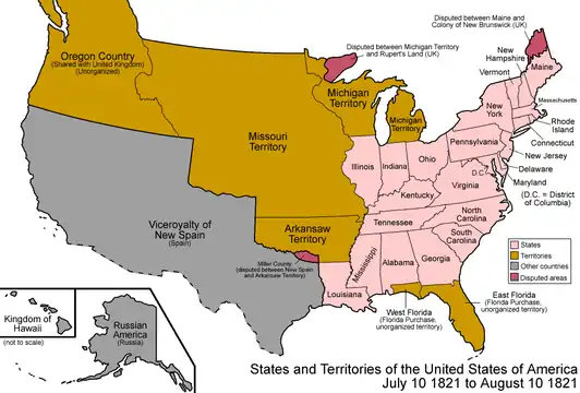 An enlargeable map of the United States after the Adams–Onís Treaty took effect on February 22, 1821.