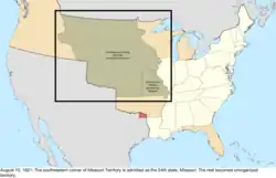 Map of the change to the United States in central North America on August 10, 1821