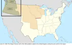 Map of the change to the United States in central North America on June 15, 1846