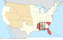 Map of the change to the United States in central North America on January 11, 1861