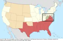 Map of the change to the United States in central North America on June 20, 1863