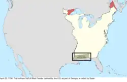 Map of the change to the international disputes involving the United States in central North America on April 25, 1796