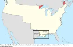 Map of the change to the international disputes involving the United States in central North America on February 22, 1821