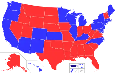 Map of the United States with states and territories colored according to the party affiliation of their governor