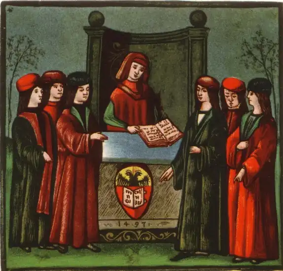 thumbThe entry of students in the Natio Germanica Bononiae, the nation of German students at the University of Bologna, depicted in a 1497 image