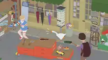 A cartoon of a goose honking at a boy with glasses, and a woman with a broom chases the goose away.