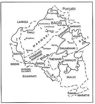 Geographical distribution of Rajasthani languages