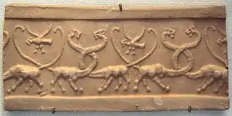 Cylinder seal with serpopards (monstrous lions) and lion-headed eagles; 4100–3000 BC; jasper; Louvre. This design was also adopted in Egypt as a consequence of Egypt-Mesopotamia relations.