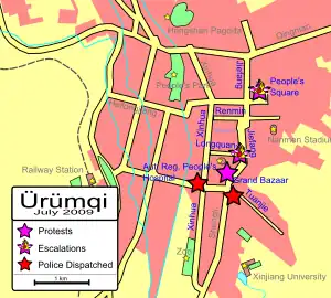 Road map of Ürümqi, showing where protests occurred and where they escalated, and where police were dispatched. Protests occurred at the Grand Bazaar in the centre of the map, at People's Square in the northeast, and at the intersection of Longquan and Jiefang Roads in between; protests escalated at the latter two locations. Police were later dispatched to two locations south of the Grand Bazaar.