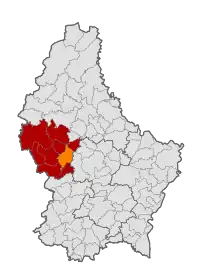 Map of Luxembourg with Useldange highlighted in orange, and the canton in dark red