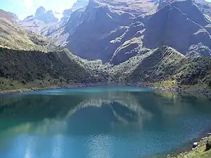 Lake Usphaqucha with the volcano Ampay in the Ampay National Sanctuary