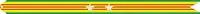 A yellow streamer with two green horizontal stripes on the outside and three horizontal red stripes and two silver stars in the center