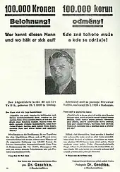 Reward poster for Sgt. Josef Valčík, one of the assassins of Heydrich