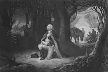 A black-and-white engraving depicting George Washington, wearing a cloak and dressed in the apparel of an eighteenth-century military officer, down on one knee in the center of the image, his hat doffed and lain next to him, surrounded by leafless trees in a winter scene. In the background to the right, a few soldiers—likely meant to imply the Valley Forge camp—are visible.