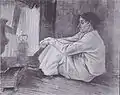 Sien with a cigar, sitting on the floor beside the fireplace, pencil, black chalk, pen and brush, sepia, washed and heightened with white, April 1882, Kröller-Müller Museum, Otterlo, Netherlands (F898, JH141)